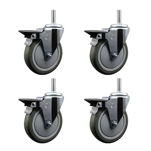5 Inch Gray Polyurethane Wheel Swivel 34 Inch Threaded Stem Caster Set with Brake SCC
